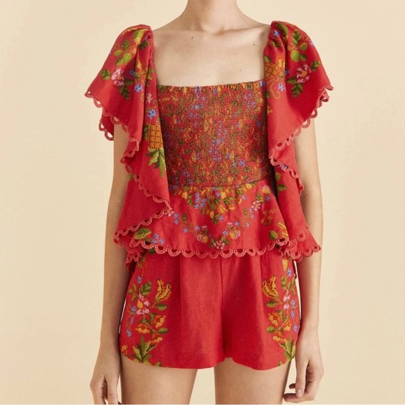 Farm Rio Red Tropical Romance Romper Medium- NWT